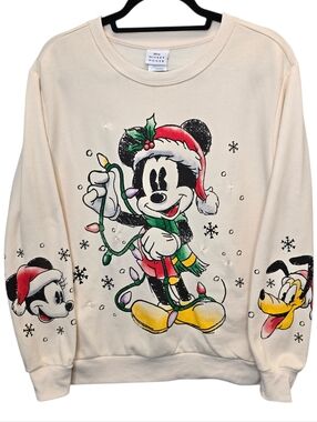 Disney Mickey Mouse Women's L Cream Light Up Christmas Holiday Sweatshirt